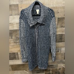 Chicos Cardigan Sweater Size 3 L/XL Long Blue Knit Snap Button Cotton Blend